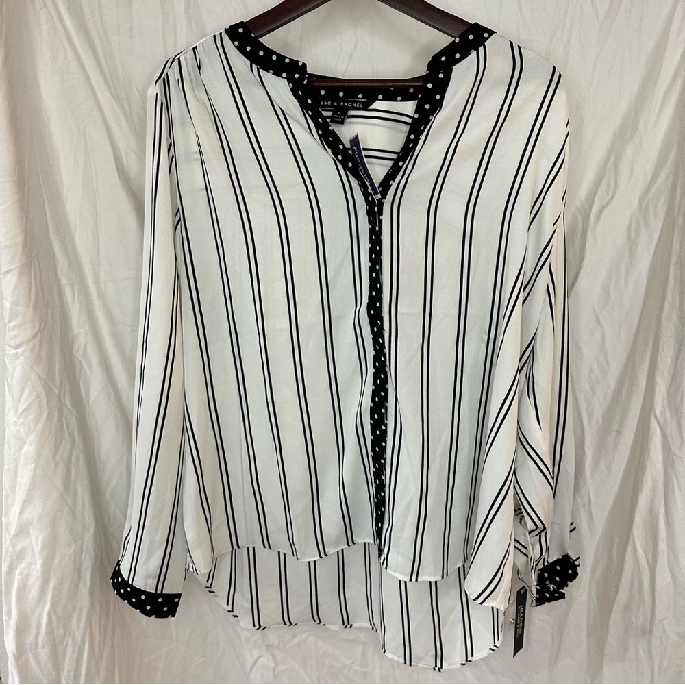 Women’s Stripes & Polka Dots Button Down Blouse w/ Grandad Collar